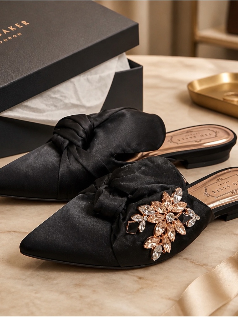 Ted Baker Black Satin Backless Jeweled Knot Loafers Sz 10 1/2. Worn once.